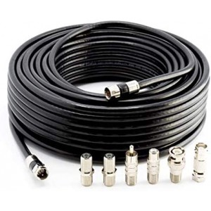 Coax Cable Kit with ET-RG6 Cable and six (6) Piece Adapter Kit Includes Male Female RCA BNC F81 Barrel Connectors Black 50 Feet